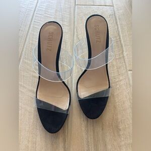 SCHUTZ Black and Transparent Strap Stiletto Heels